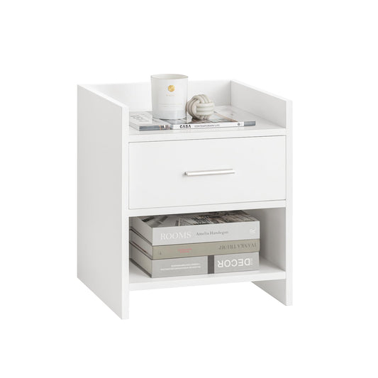 Bedside Table with 1 Drawer and 1 Niche in White, Compact Nightstand with Open and Closed Storage, Minimalist End Table for Bedroom, SmalLand FunctionaLSide Cabinet