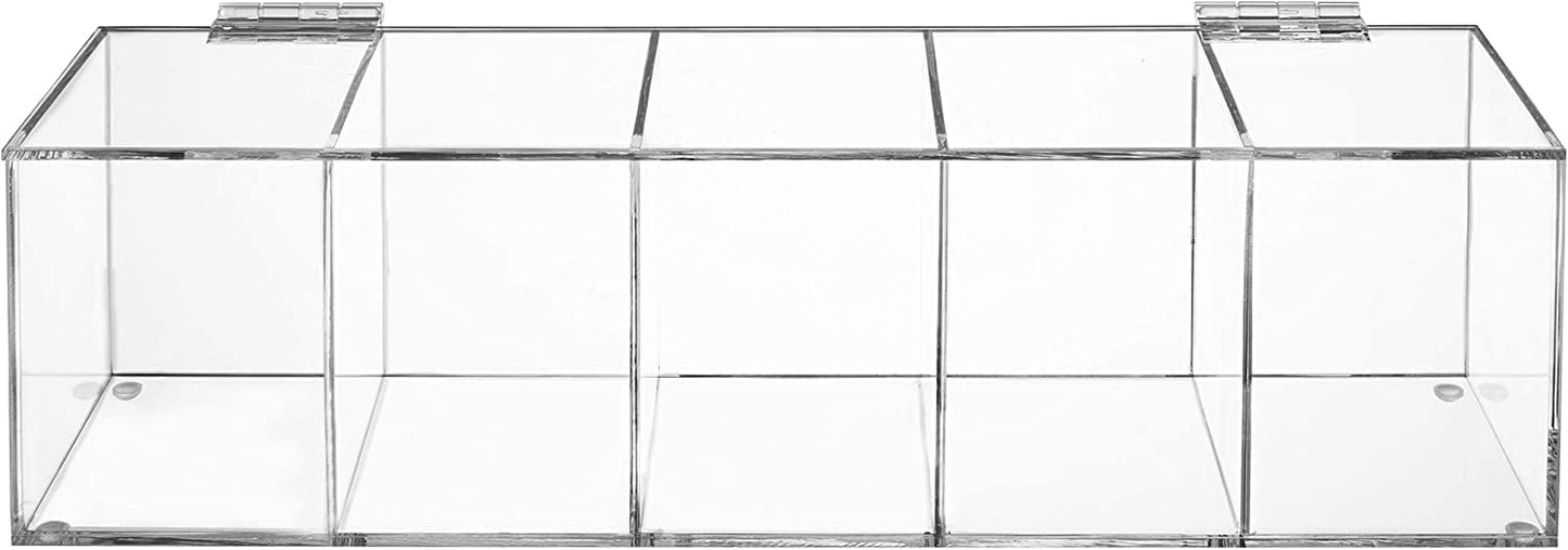 Clear Acrylic Tea Bag Organizer with Hinged Lid, 35 x 10 x 8 cm Storage Caddy with 5 Compartments, Countertop Box for Assorted Teas Condiments and Sugar Packets