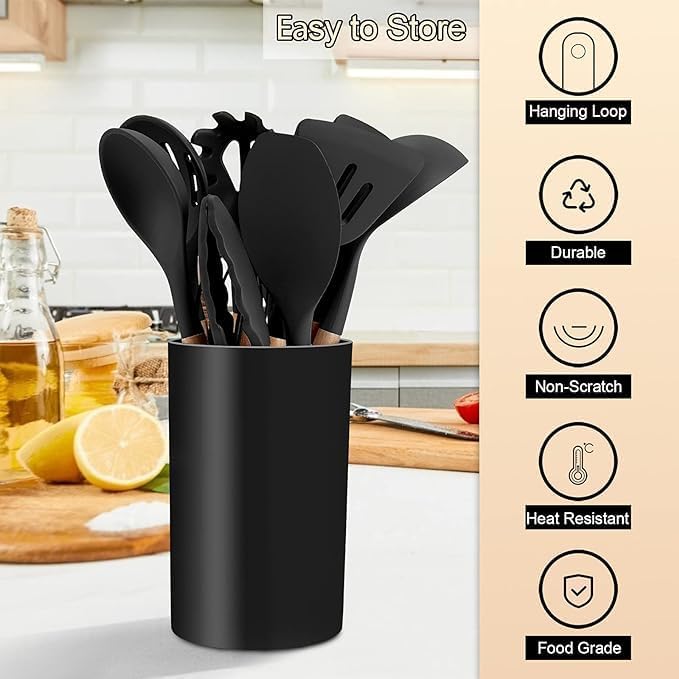 Silicone Non Scratch Cookware Utensils Kit Designed With Heat Resistant Wooden Handles And Include Plastic Stand Elegant Design Practical For Kitchen Set Of 11 Pieces - Black