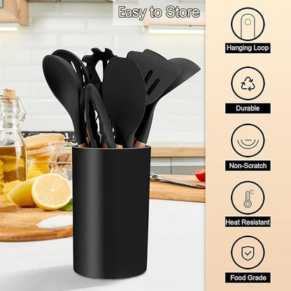 Silicone Non Scratch Cookware Utensils Kit Designed With Heat Resistant Wooden Handles And Include Plastic Stand Elegant Design Practical For Kitchen Set Of 11 Pieces - Black