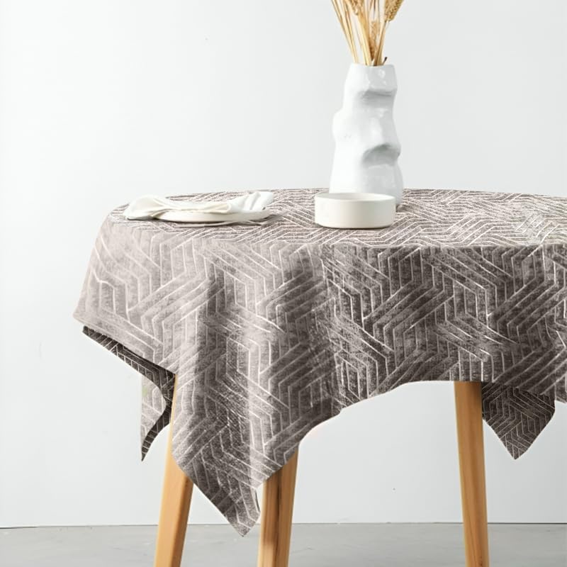 INtex Home Rectangular Tablecloth, Nadia’s Geometrical Design in Heavy Duty Linen Velvet Fabric, Soft Touch for Reception Living Room and Special Occasions - 1 Pc - 130 x 130 cm - Light Biege