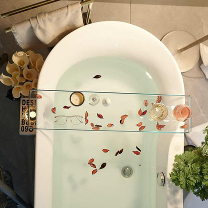 Bathtub Tray Caddy, Luxury Acrylic Bath Tub Shelf and Organizer, Clear Rack with Tablet Holder, Ideal for Holding Books, Candles, Toiletries and Spa Essentials, Clear