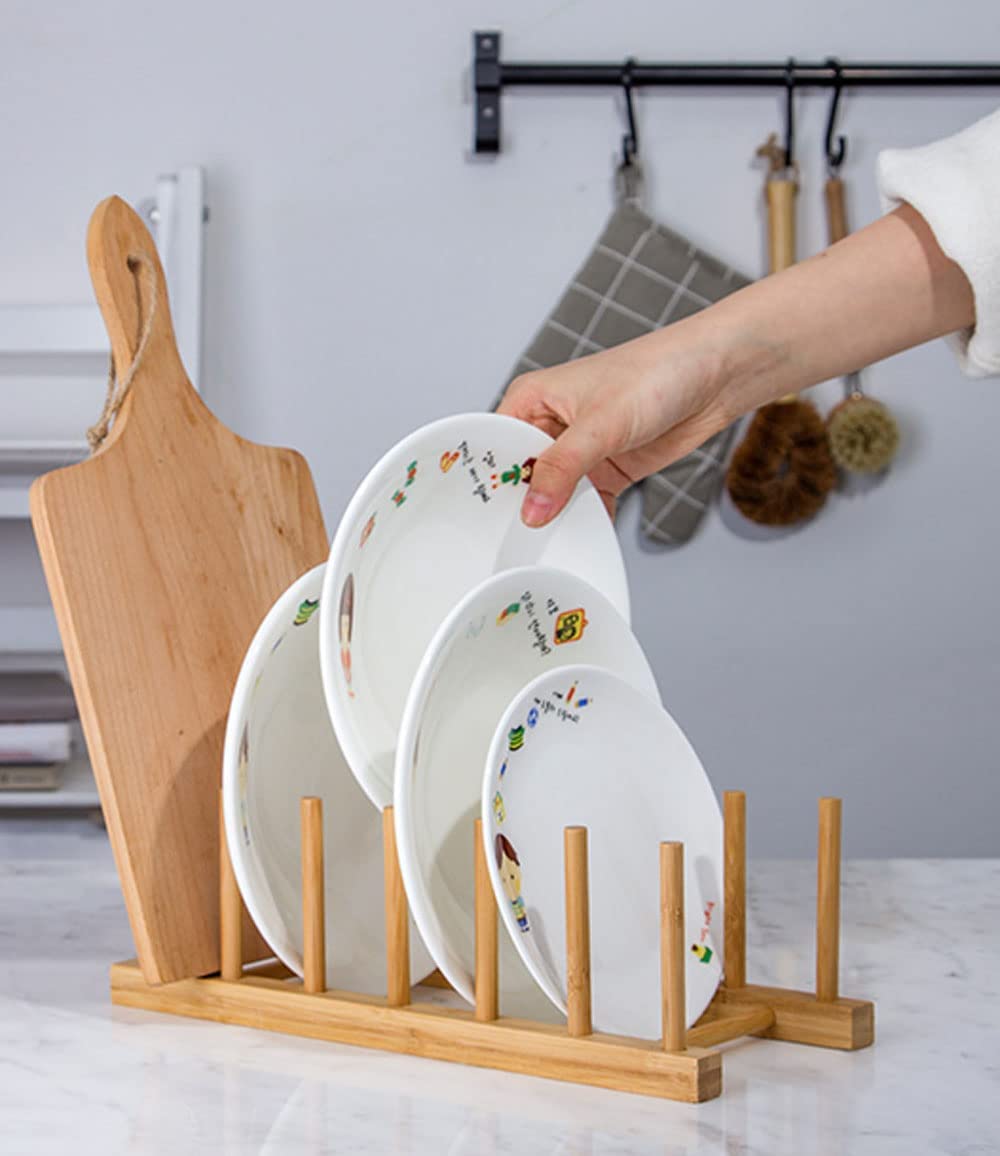 Plate Rack,Wooden Plate Stand 6 Slots Pot Lid Holder Wood Dish Racks Drainer Rack for Kitchen Cupboard Organizer Dish Plate Bowl Cup Book