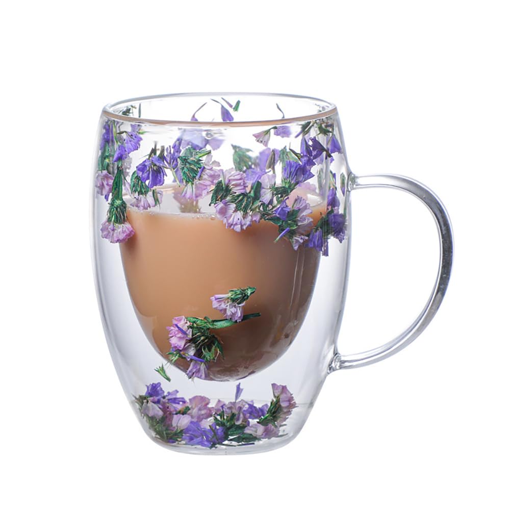 Dried Flower Double Wall Glass Cup, Aesthetic Flowers Coffee Mugs, Cute Insulated Tea Cups with Handle Heat Resistant for Women, Ideal Gifts for Birthday Mother's Day - Perfect for Wife Mom Friend (C)