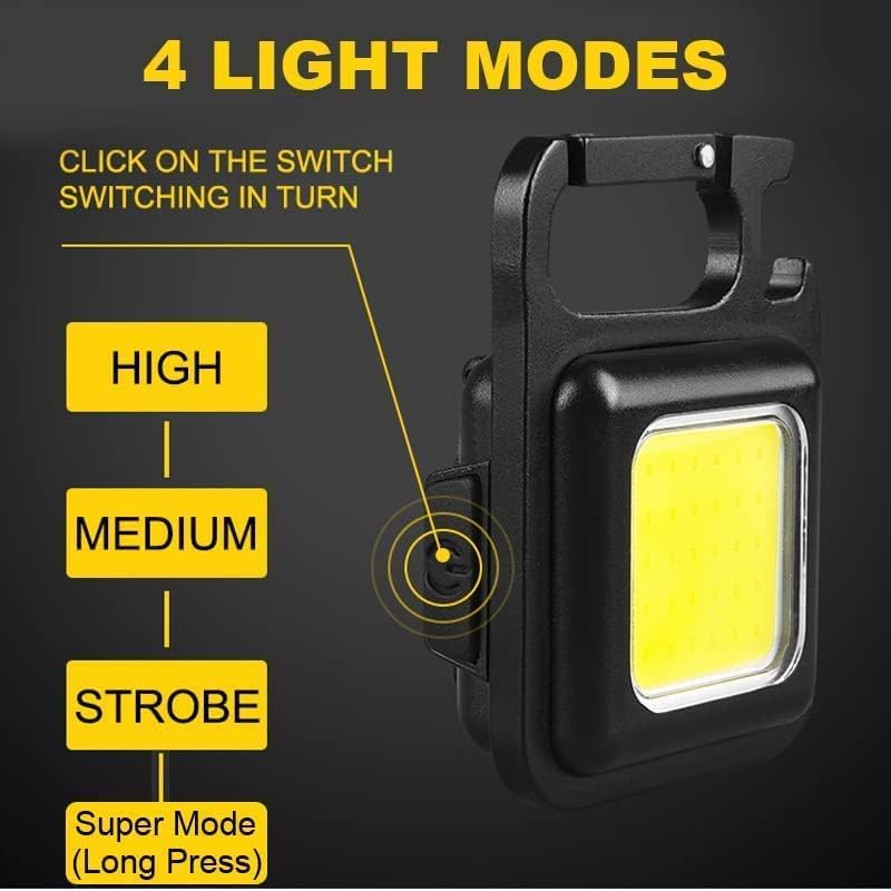 سلسلة مفاتيح صغيرة من COB، مصباح يدوي LED قابل لإعادة الشحن، 800 لومن، 4 أوضاع، بحجم الجيب مع حامل قابل للطي، قاعدة مغناطيسية، فتاحة زجاجات، للتخييم وصيد الأسماك والمشي والاستخدام في حالات الطوارئ