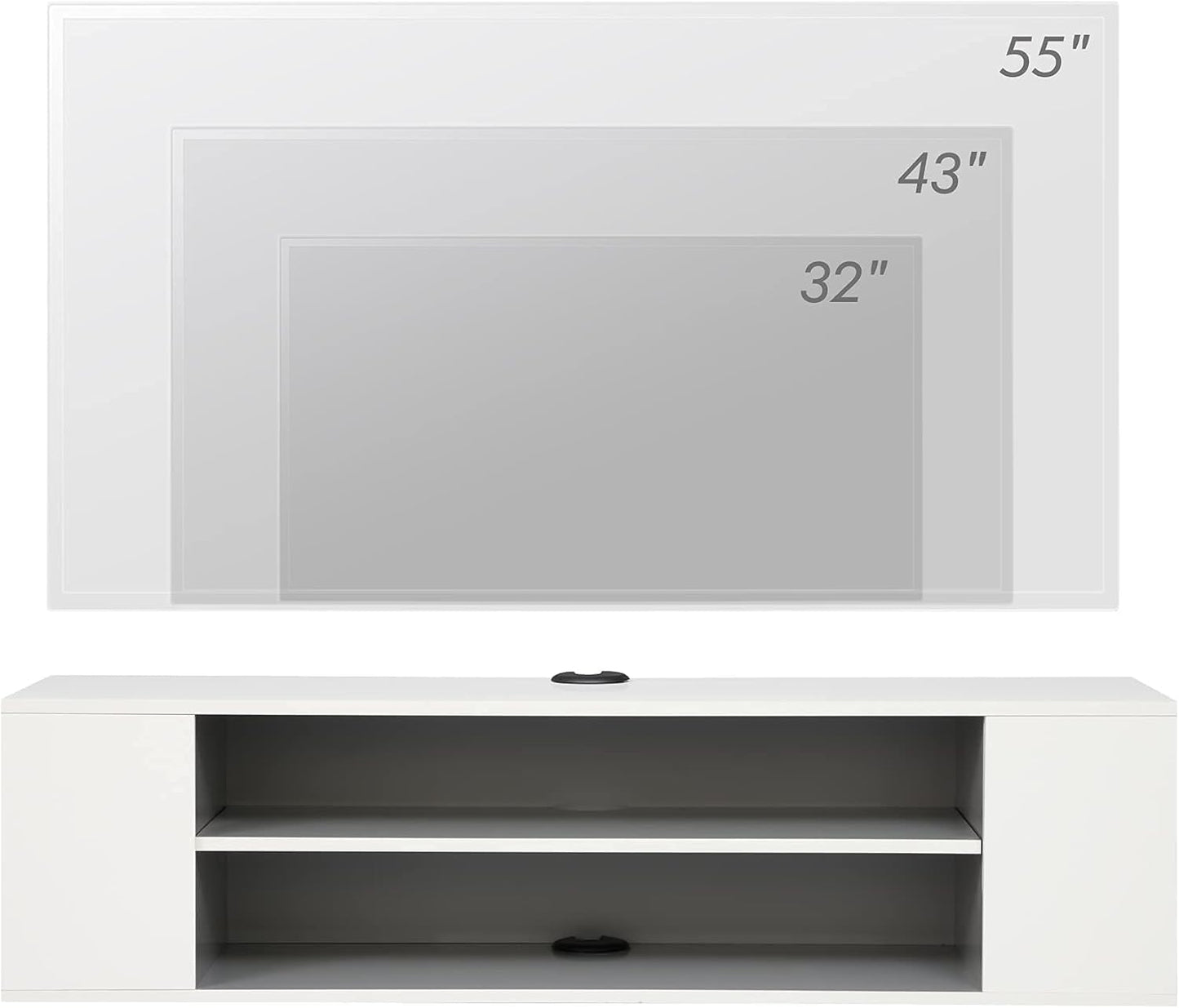 White Wooden Wall-Mounted TV Stand Shelf, Under-TV Storage Shelf and Media Console Rack for a Floating Entertainment Center in the Living Room, Space-Saving Furniture