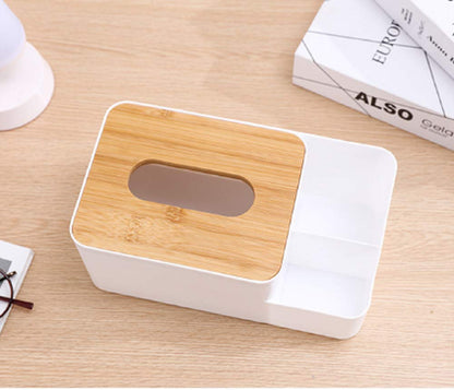 حامل مناديل متعدد الوظائف - علبة مناديل مستطيلة بغطاء خشبي، منظم سطح مكتب للهواتف والأجهزة اللوحية وجهاز التحكم عن بعد والأقلام ومستحضرات التجميل، مثالي للمنزل والمكتب - أبيض