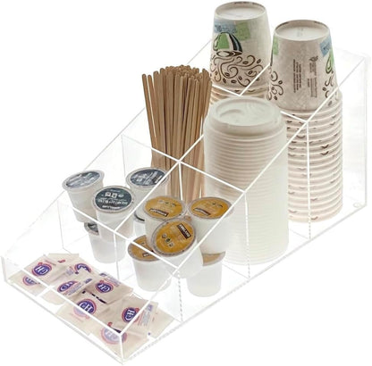 Acrylic Coffee Station Organizer, Clear Breakroom and Kitchen Storage for Cups Lids Sugar Tea Stirrers, 7 Compartments, 37.3 x 20.5 x 19.8 cm, Polished Edges Transparent Design