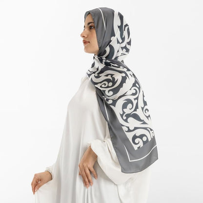 Isdal Al-Hedaya Women's Prayer Dress, a One-Piece Garment in Grey & White made of Soft Satin for Full Modest Coverage, One Size Fits All, a Chic and Comfortable Abaya for Muslim Women