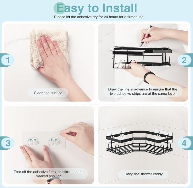 Corner Shower Caddy Shelves, 5-Pack with 16 Hooks, Rustproof Stainless Steel Organizer with Upgraded Stronger Adhesive, No-Drilling Wall Mount Shelf for Inside Shower and Bathroom - Black