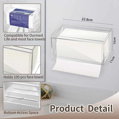 Clear Acrylic Disposable Face Towel Holder, Wall Mount or Tabletop Dispenser for Ourmed Life Towels, Modern, Hygienic Bathroom Storage for Cotton Pads and Tissues.
