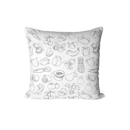 Canvas Food Junior Cushion Cover in Black & White, a durable decorative pillow for kids with a playful food pattern, 40x40 cm, a fun and whimsical addition to a kitchen nook or playroom