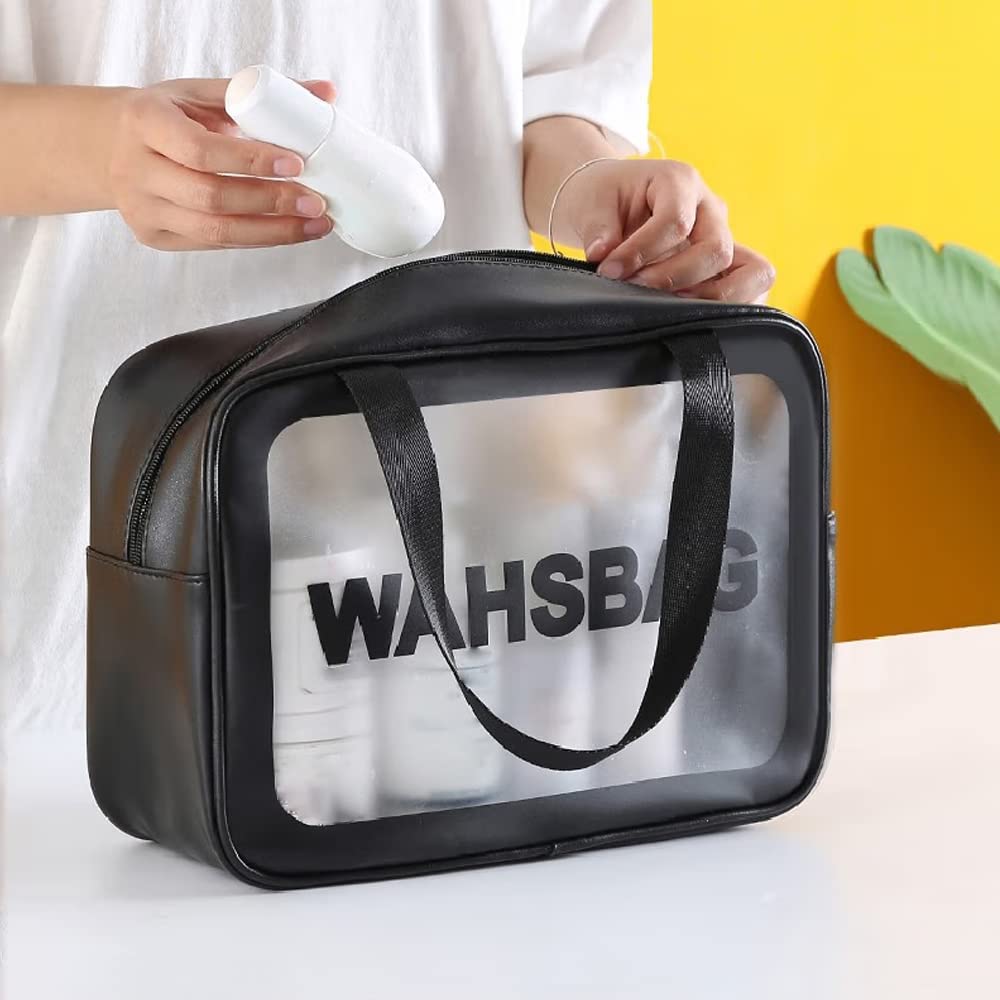 Toiletry Bag for Women - Clear Travel Makeup Organizer, Portable PVC Large Cosmetic Bag, Waterproof Transparent Handbag, XL - Black 02, Journey