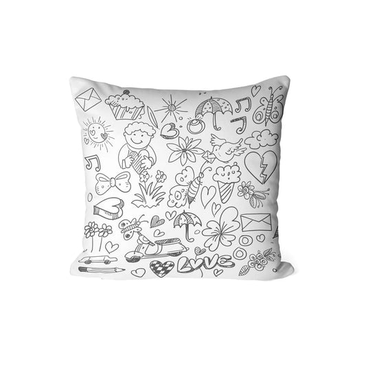 Canvas Doddle Junior Cushion Cover in Black & White, a durable decorative pillow for kids with a fun doodle design, 40x40 cm, perfect for a child's bedroom or creative playroom space