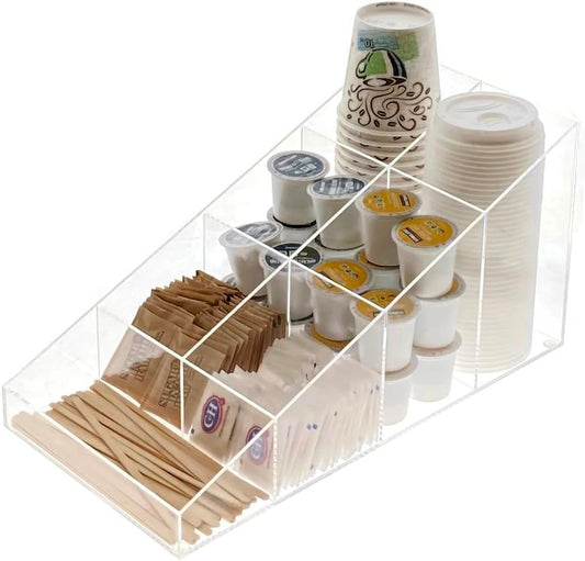 Acrylic Coffee Station Organizer, Clear Breakroom and Kitchen Storage for Cups Lids Sugar Tea Stirrers, 7 Compartments, 37.3 x 20.5 x 19.8 cm, Polished Edges Transparent Design