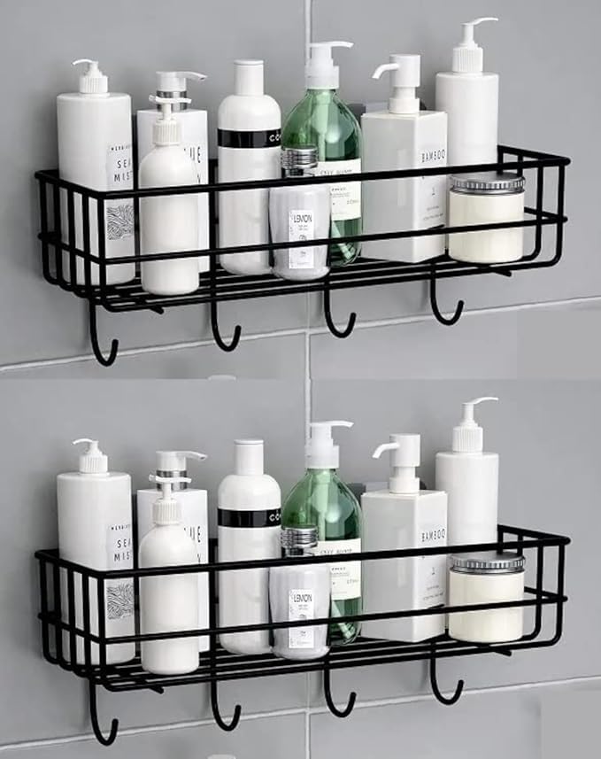 LEMBOSE Copper Shower Caddy Shelf – 2-Pack Black Adhesive Wall Mount Bathroom Organizer with 4 Hooks – No-Drill Rustproof Storage Rack for Shampoo, Toiletries, Kitchen & Corner Use.