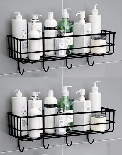LEMBOSE Copper Shower Caddy Shelf – 2-Pack Black Adhesive Wall Mount Bathroom Organizer with 4 Hooks – No-Drill Rustproof Storage Rack for Shampoo, Toiletries, Kitchen & Corner Use.