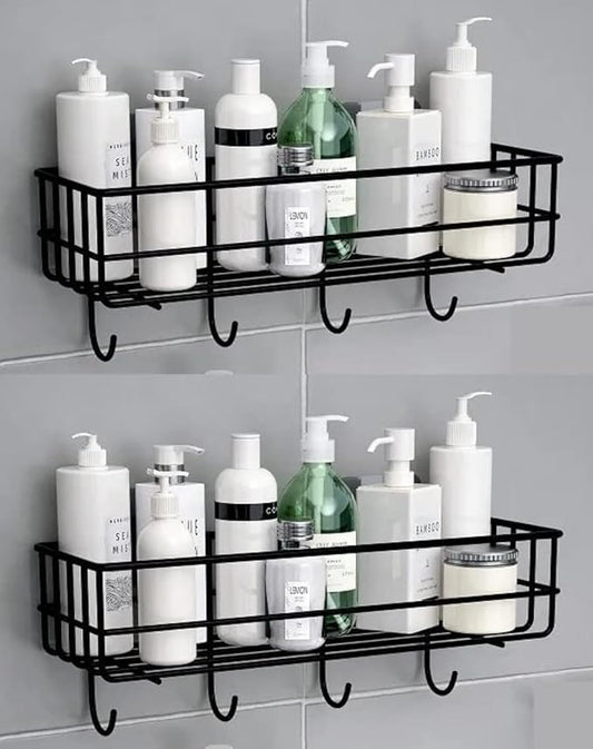 LEMBOSE Copper Shower Caddy Shelf – 2-Pack Black Adhesive Wall Mount Bathroom Organizer with 4 Hooks – No-Drill Rustproof Storage Rack for Shampoo, Toiletries, Kitchen & Corner Use.