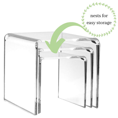 Acrylic Display Risers Set, 3-Piece Clear Acrylic Pedestal Stands, Assorted Sizes for Jewelry Display, Tabletop Fixtures, Retail Counter Showcases, Collectibles and Product Presentation