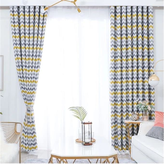 INtex CURTAINS House Luxury velvet curtains - Modern Design - Stripped Zigzag -Digital Printed - Steel Grommets - 1 Piece 140W X 230L CM Yellow * Grey