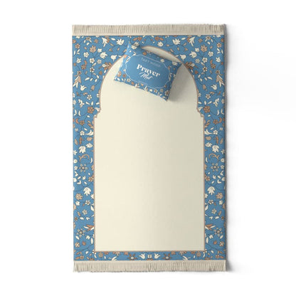 Velvet Prayer Mat in Beige and Blue, 68x117 cm, a comfortable Islamic rug with a soft design, ideal for daily use at home, the mosque, or for travel, ensuring a clean prayer space