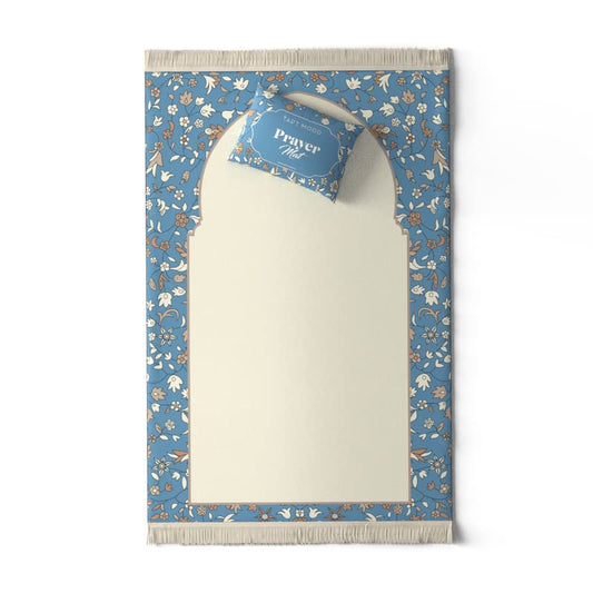 Velvet Prayer Mat in Beige and Blue, 68x117 cm, a comfortable Islamic rug with a soft design, ideal for daily use at home, the mosque, or for travel, ensuring a clean prayer space