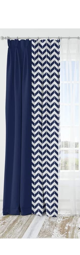INtex CURTAINS HOUSE Luxury Velvet curtains - Modern Design - Striped Zig Zag with Plain Velvet Navy 2 Panels - Steel Grommets 300W X 230L CM