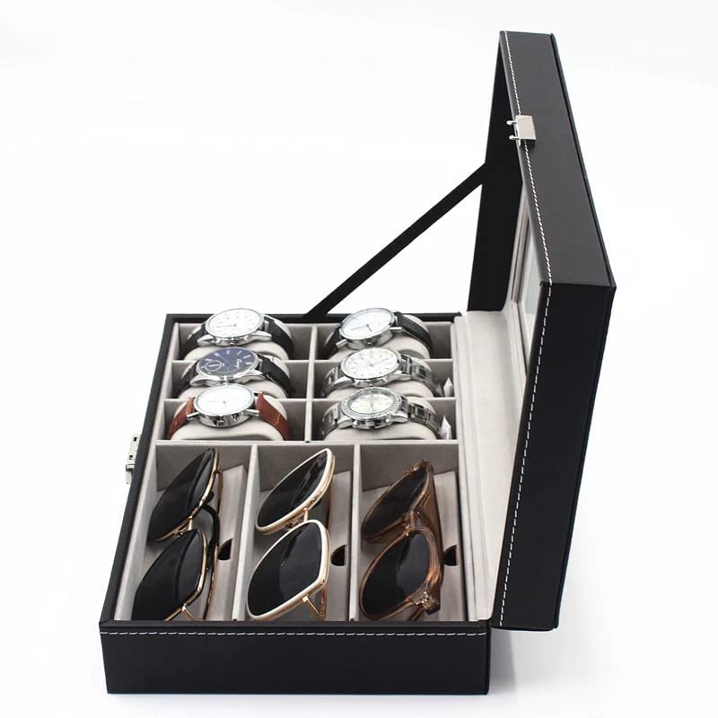 Leather Watch Glasses Box -Watch And Glass Display Case Holder Storage Organizer Jewelry Display- 6 Slots For Watches And 3 Slots For Glasses