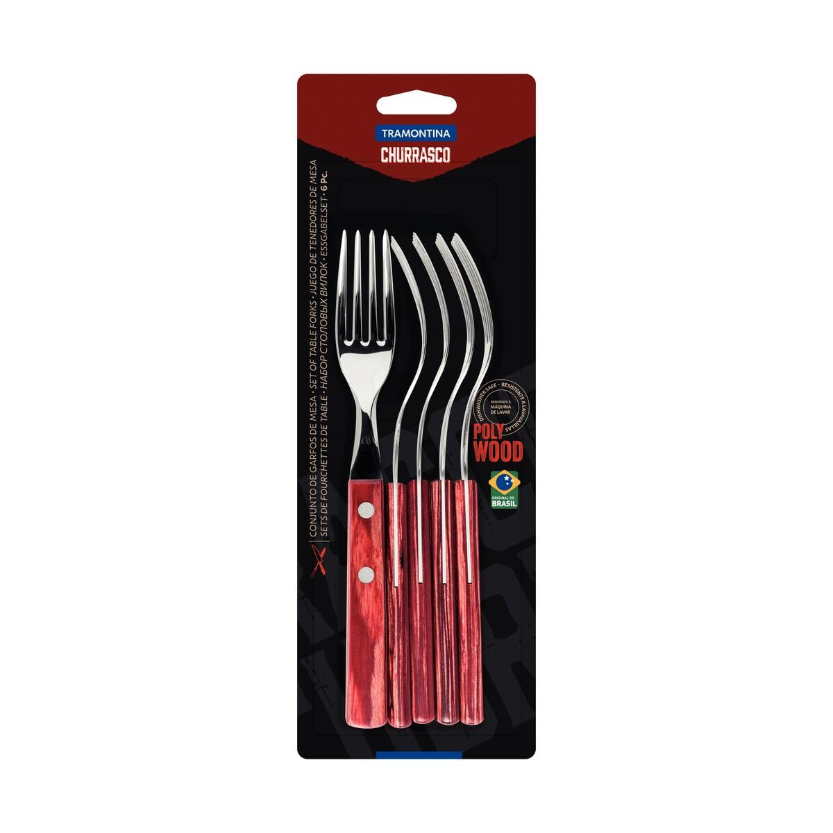 6-Piece Steak Fork Set, Stainless Steel Blades, Durable Treated Polywood Handles, Comfortable Grip, Heat-Resistant, Elegant Red Design, Perfect for Everyday Dining and Special Occasions
