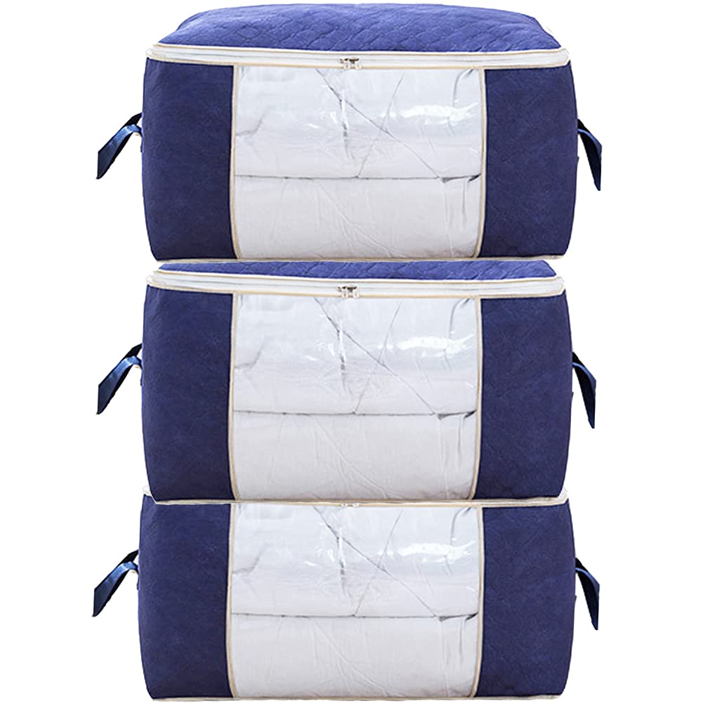 3 Pack Large Capacity Clothes Storage Bags Foldable Underbed Closet Organizer Thick Breathable Fabric Bags for Clothing Comforters Blankets Bedding With Sturdy Zipper Clear Window (Navy Blue-Style 1)