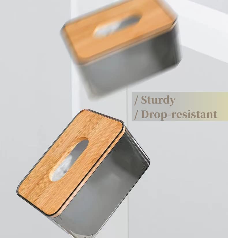 YIFFSH Tissue Box Cover Holder, Minimalist Transparent Tissue Dispenser Box with Bamboo Lid, Rectangle Dryer Sheet Dispenser Holder, Facial Tissue Holder for Bathroom Living Room Bedroom (Medium)