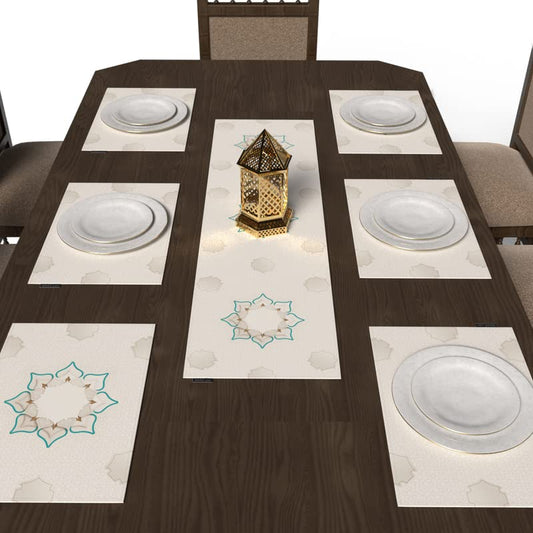 Dora 7-Piece Dining Set, includes 6 multicolor canvas placemats (45x30 cm) and 1 table runner (35x140 cm), featuring a vibrant, jewel-like Islamic pattern for a colorful table