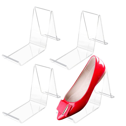 4 Pack Clear Acrylic Shoe Display Stands, Modern Riser and Holder for Sandals, High Heels, and Footwear, Professional Rack for Retail Stores, Closets, and Shopping Malls