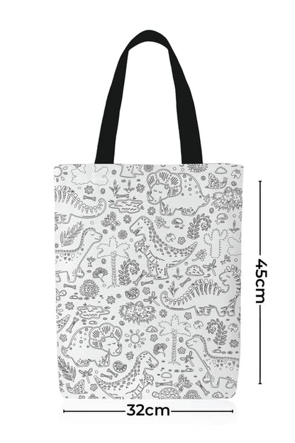 Canvas Dinosaur Junior Tote Bag, a DIY Craft Kit for Kids in Black & White, 32x45 cm, includes a Reusable Bag and Coloring Set, a Fun and Creative Activity for Aspiring Artists