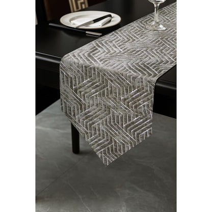 INtex Home Table Runner with V-Shaped End, Nadia’s Geometric Design in Heavy Duty Velvet Linen Fabric, Reception Living Room or Special Occasions, 1 Pc - 45 x 160 cm - Café