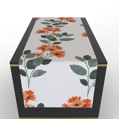 مفرش طاولة لومينا المصنوع من القطن، قطعة مركزية مزخرفة باللون الأبيض والبرتقالي والأخضر، 35×140 سم، بتصميم حيوي ومنعش لإضفاء البهجة على طاولة الطعام الخاصة بك في الربيع أو الصيف