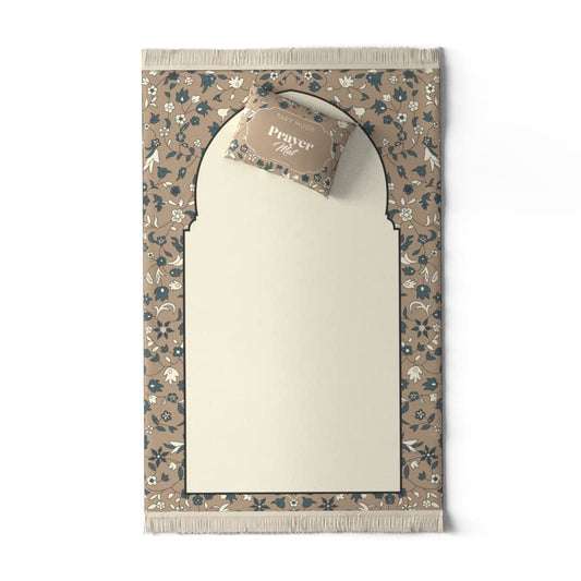 Velvet Prayer Mat in Beige and Green, 68x117 cm, a luxurious rug with an elegant mosque garden design, crafted from soft velvet for a comfortable and serene prayer session