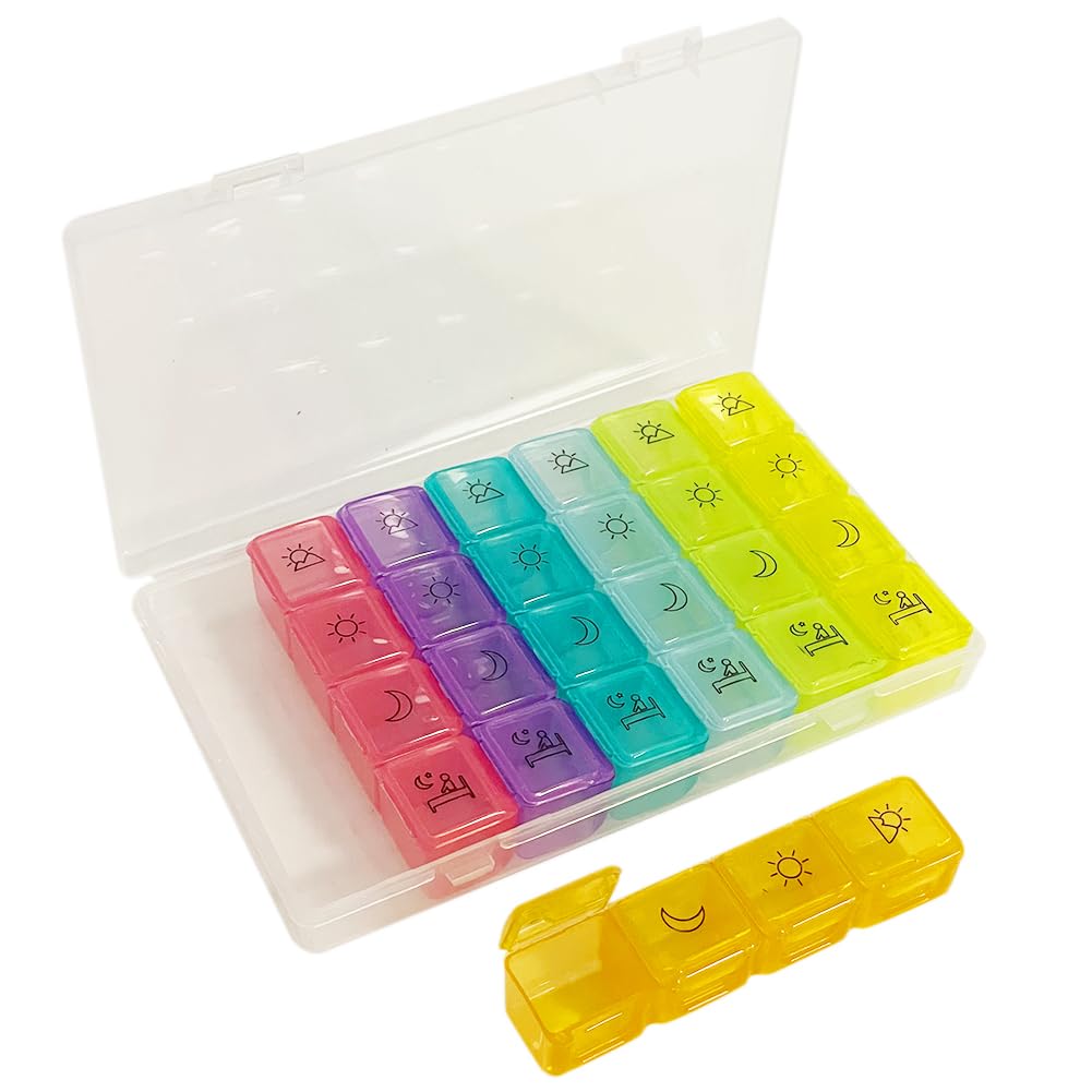 BOJIUSARL Portable Weekly Pill Box 7 Day Pill Boxes with 28 Compartments Morning Noon Evening Night 4 Times Weekly Pill Box Multicolored Medicine Box Vitamins Supplements