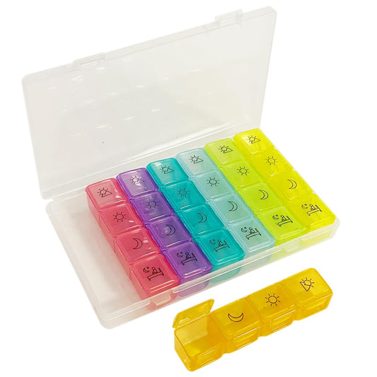 BOJIUSARL Portable Weekly Pill Box 7 Day Pill Boxes with 28 Compartments Morning Noon Evening Night 4 Times Weekly Pill Box Multicolored Medicine Box Vitamins Supplements