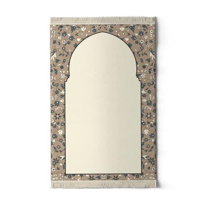 Velvet Prayer Mat in Beige and Green, 68x117 cm, a luxurious rug with an elegant mosque garden design, crafted from soft velvet for a comfortable and serene prayer session