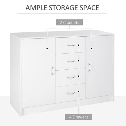 Sideboard in White, Storage Cabinet with 2 Doors and 4 Drawers, Free Standing Cupboard, Chest Organizer for Kitchen, Living Room, or Bedroom, Modern Credenza