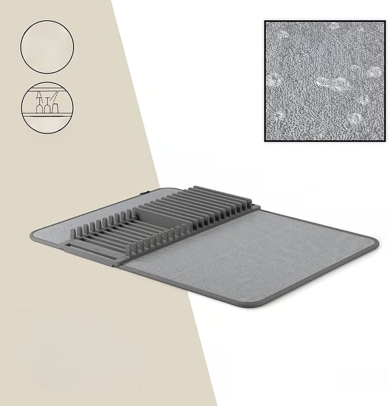 2-in-1 Folding Dish Rack with Drying Mat, Space-Saving Dish Drainer for Kitchen Countertops, Absorbent Microfiber Mat with Foldable Plate and Utensil Holder