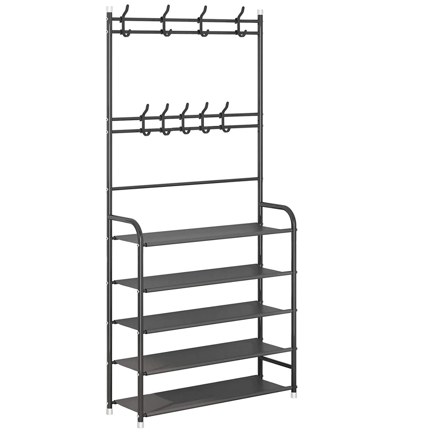 LEOPAX Bench Coat Rack with Shoe Storage, Multifunctional Cloth Stand with Shoe Shelf Organizer with 5-Tier and 8 Hooks for Bedroom, Hallway, Entryway - Size 58 x 23 x 170cm - Metallic Black