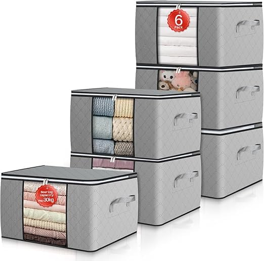 6 Pack Large Foldable Storage Boxes with Zipper & Reinforced Handles, Linen Clothes Organizer for Blankets, Comforters & Seasonal Items - Grey