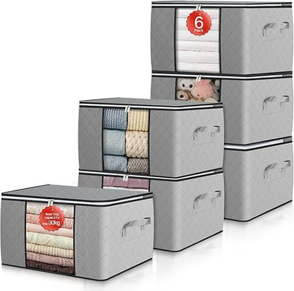 6 Pack Large Foldable Storage Boxes with Zipper & Reinforced Handles, Linen Clothes Organizer for Blankets, Comforters & Seasonal Items - Grey