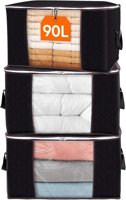 6 Pack Large Foldable Storage Boxes with Zipper & Reinforced Handles, Linen Clothes Organizer for Blankets, Comforters & Seasonal Items - Black