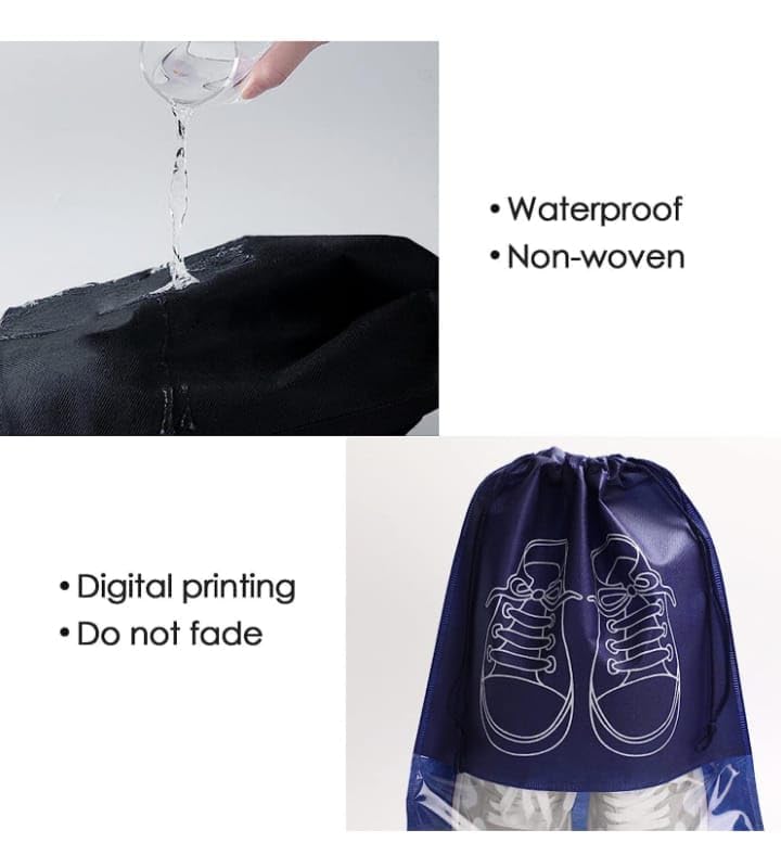 2 dark blue Travel Shoe Bag, Waterproof Dustproof, Transparent Slot and Drawstring for Gym and Travel Use 2 Blue Travel Shoe Bag, Waterproof Dustproof, Clear Window and Drawstring for Gym and Travel.