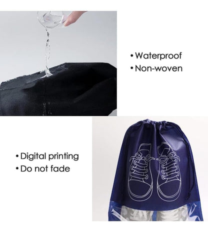 2 dark blue Travel Shoe Bag, Waterproof Dustproof, Transparent Slot and Drawstring for Gym and Travel Use 2 Blue Travel Shoe Bag, Waterproof Dustproof, Clear Window and Drawstring for Gym and Travel.
