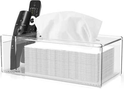 Acrylic Tissue Box with Storage, 30x13x10 cm Clear Rectangle Napkin Holder with Side Organizer for Desktop, Bathroom, Vanity or Office Use, Dual Function Tissue Dispenser, Clear