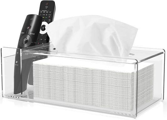 Acrylic Tissue Box with Storage, 30x13x10 cm Clear Rectangle Napkin Holder with Side Organizer for Desktop, Bathroom, Vanity or Office Use, Dual Function Tissue Dispenser, Clear